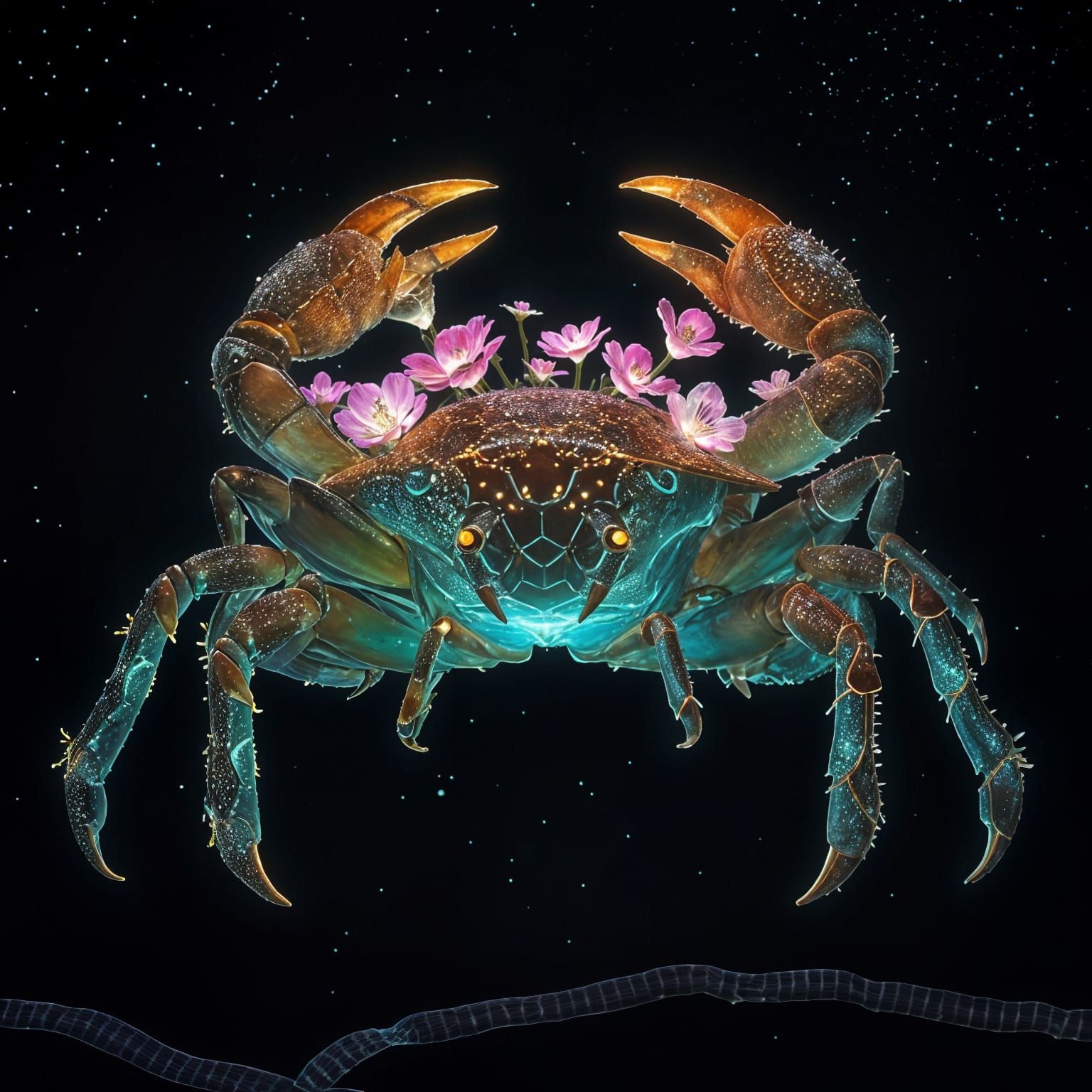 Bioluminescent Crab with Glowing Flora in Cosmic Setting