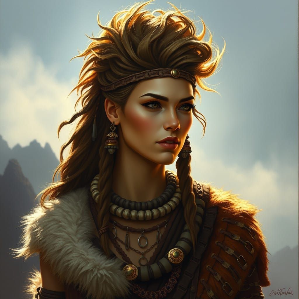 Beautiful woman dressed in 18000 B.C. fashion and wearing hairstyle 180000 B.C., by Greg Rutkowski