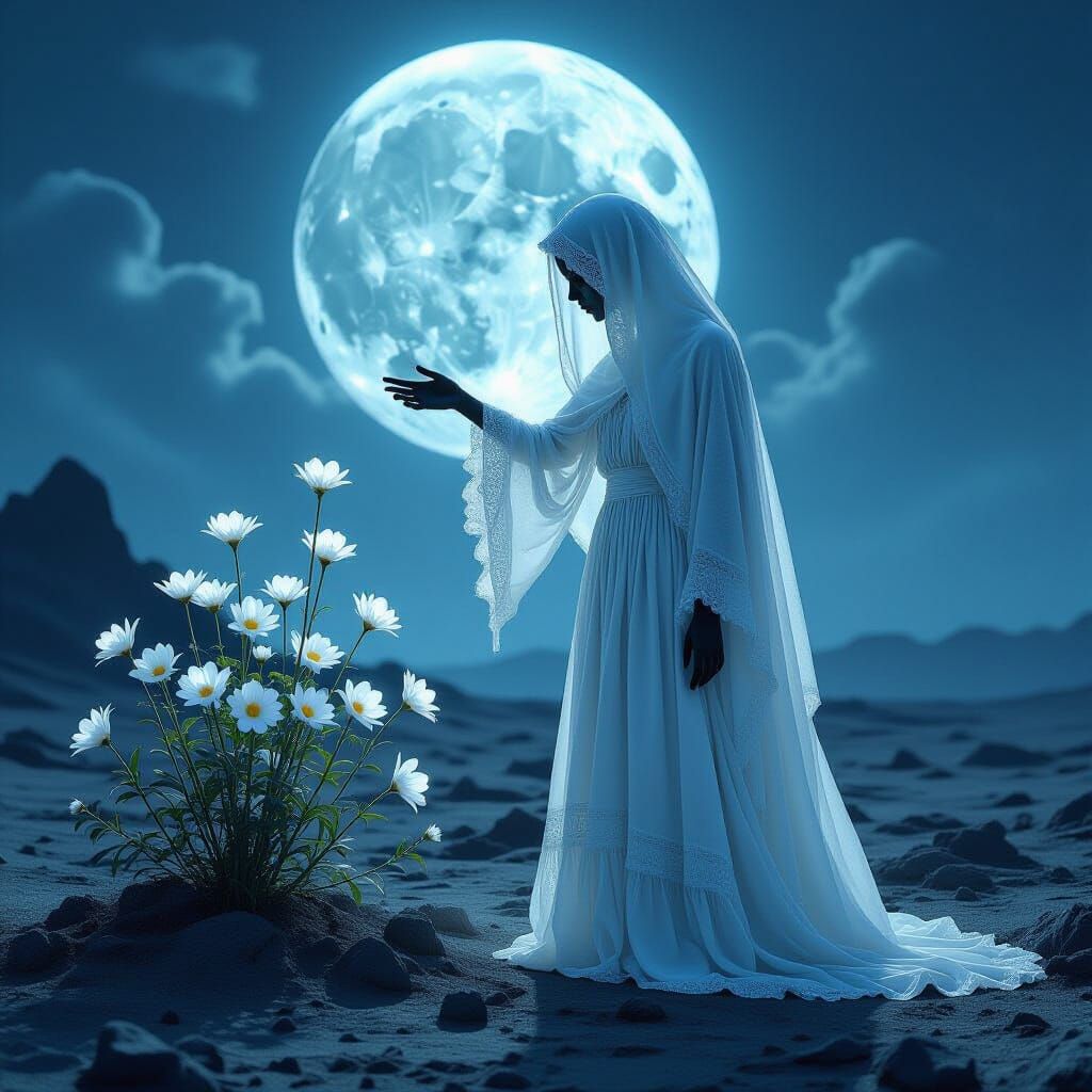 Ethereal Ghost Girl Plucking Flowers Under Moonlight
