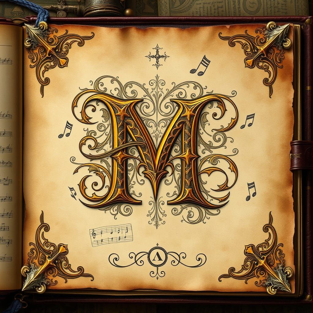 Golden Letter 'M' in a Worn Leather-Bound Book