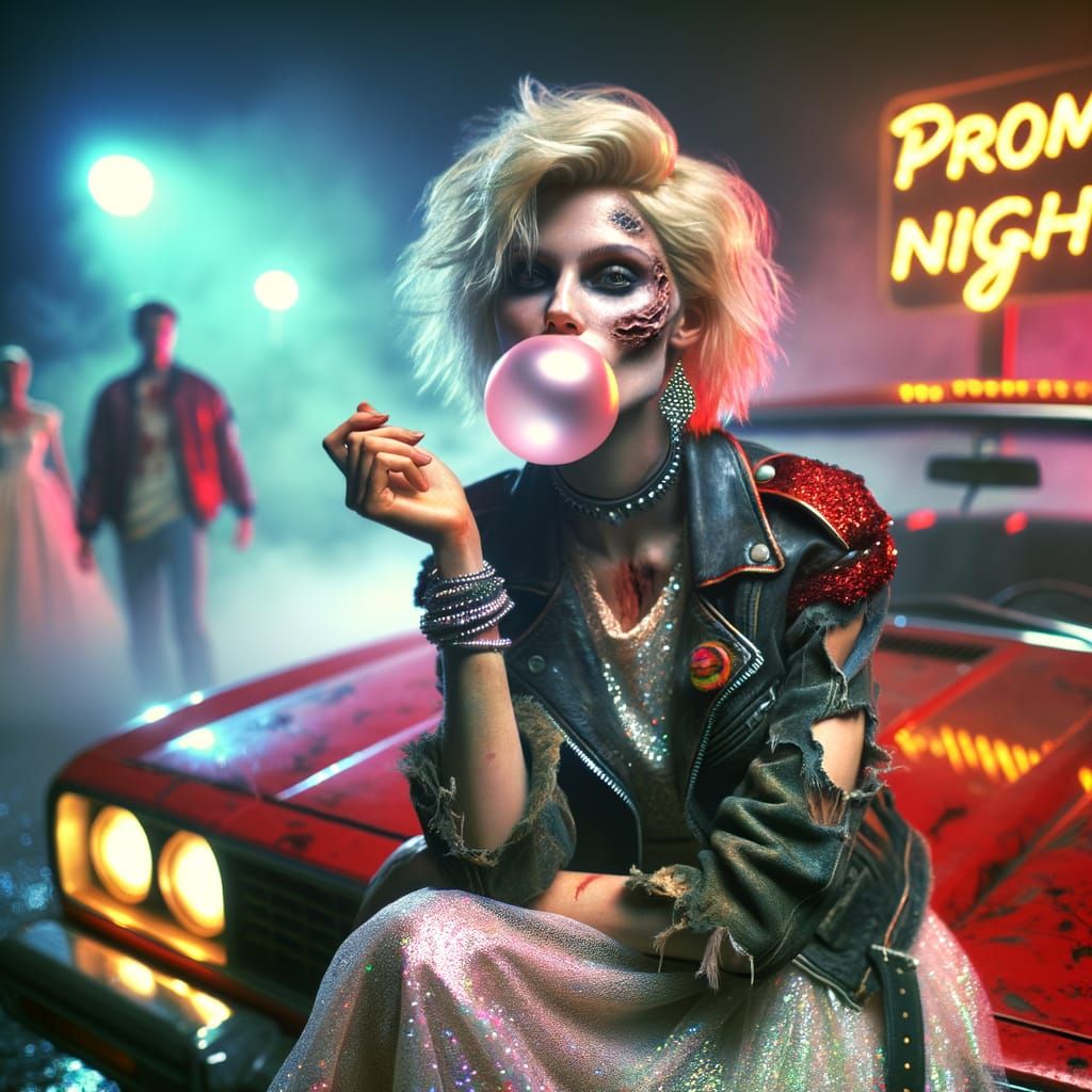 Playful Zombie Girl in 80s Prom Dress Drives Vintage Car