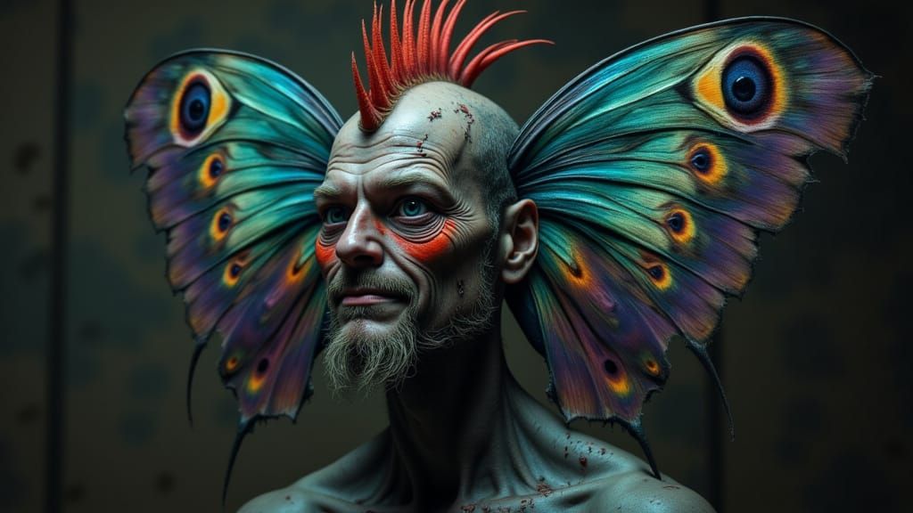 Mutated Human Creature with Peacock, Butterfly, and Spider F...