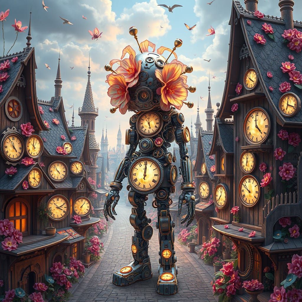 Surreal Clockwork Village in Cybernetic Bloom