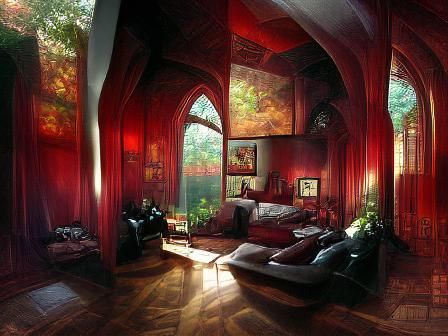 Red Sofa in Sunlit Room Interior