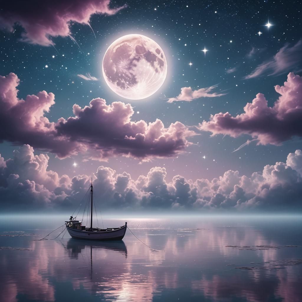 Magical Moon Boat Fishing for Stars in Dreamy Surrealism