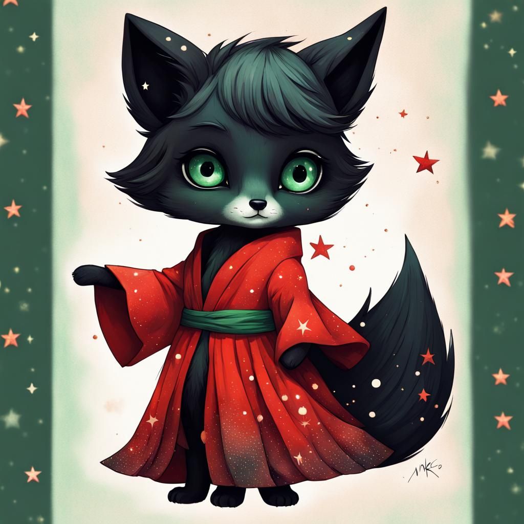 Chibi Fox in Starry Night, Impasto Painting