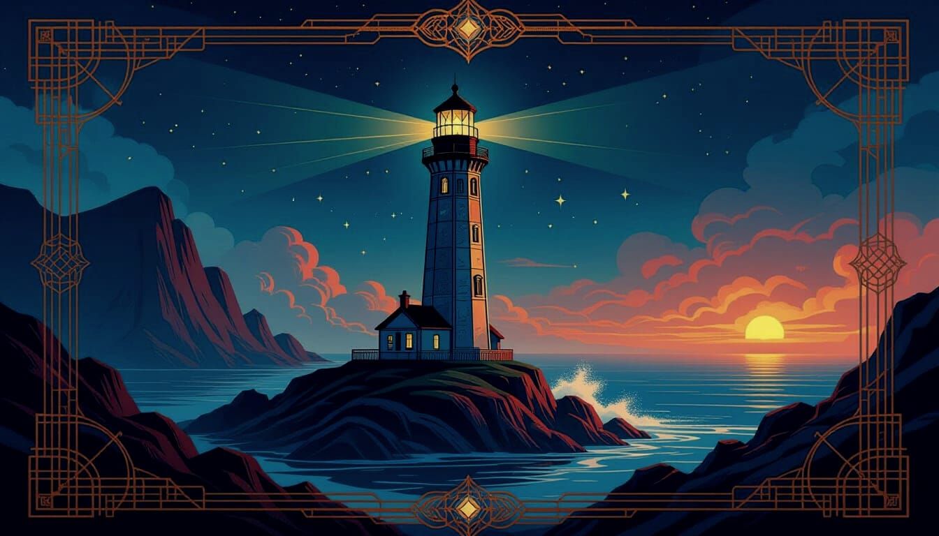 Art Deco Stained Glass Lighthouse at Night