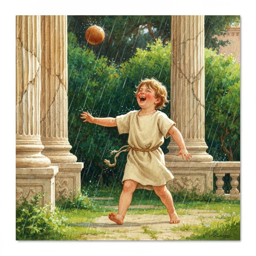 Roman Child Plays in Summer Rain: Watercolor Style