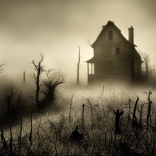 Eerie Farmhouse Shrouded in Fog, Horror Illustration