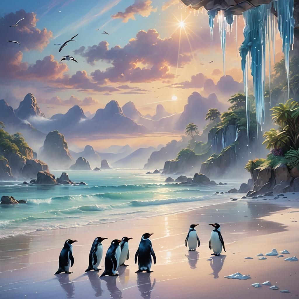 Ethereal Beach with Penguins in Thomas Kinkade Style
