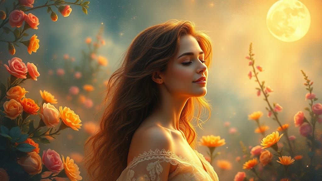 Serene Woman in Moonlit Garden, Lost in Melodic Wonder