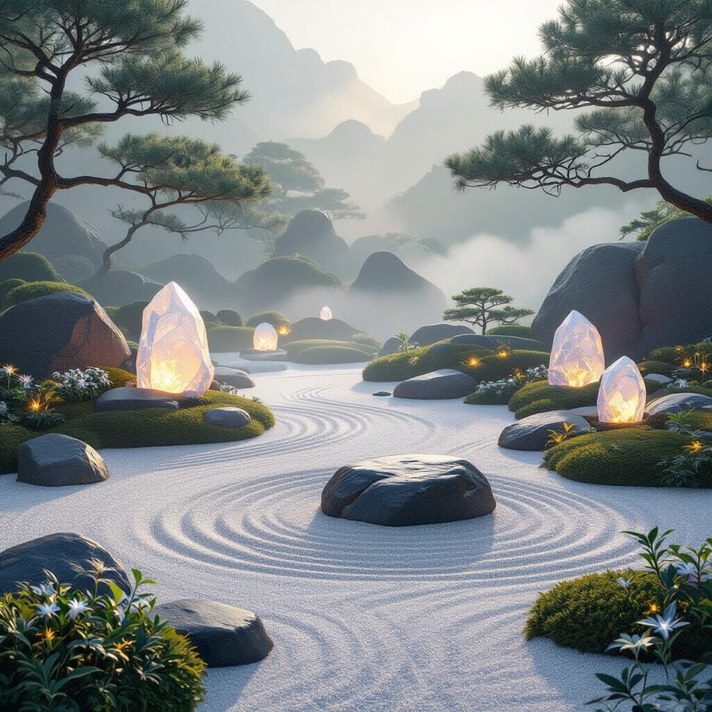 Alien Zen Garden with Bioluminescent Flora