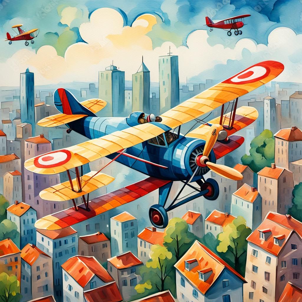Cartoon Biplane Over City in Gouache Style
