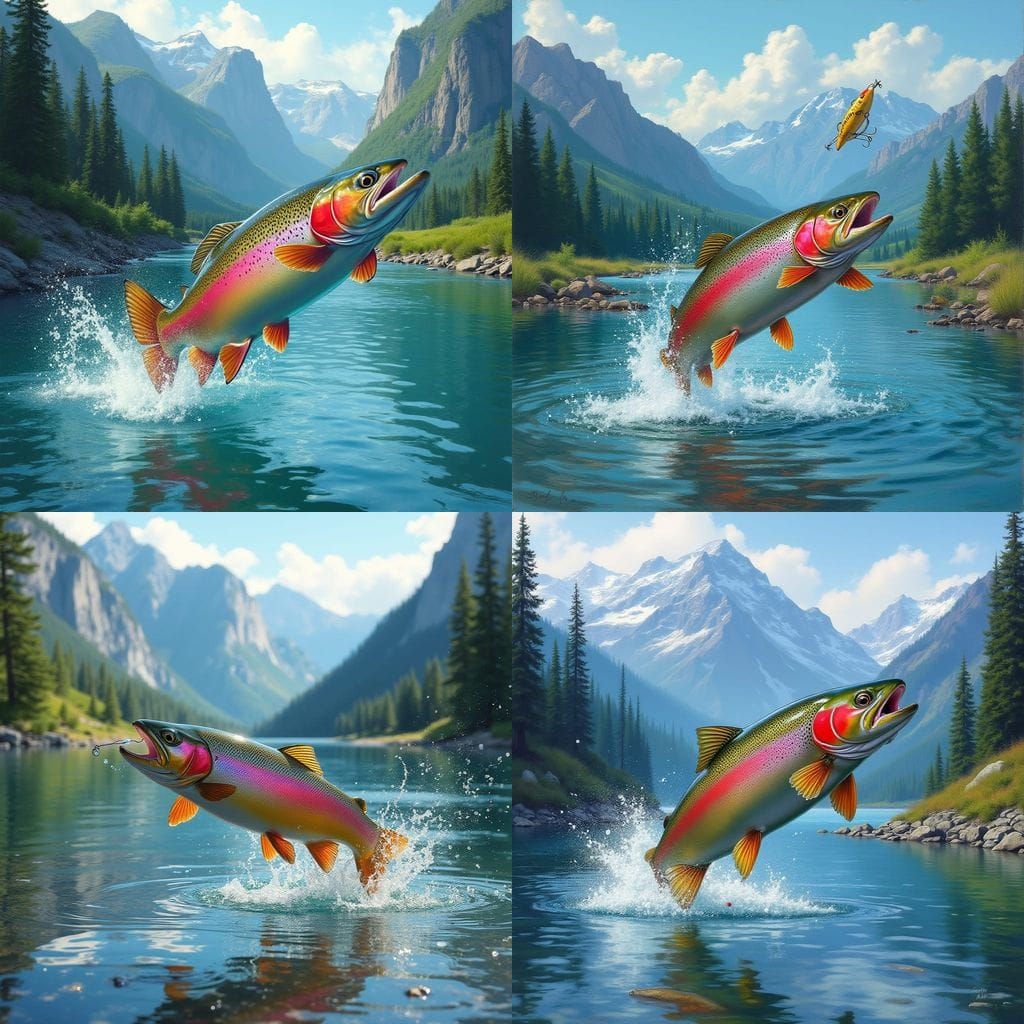 Rainbow Trout in Mid-Jump, Mountains in the Background