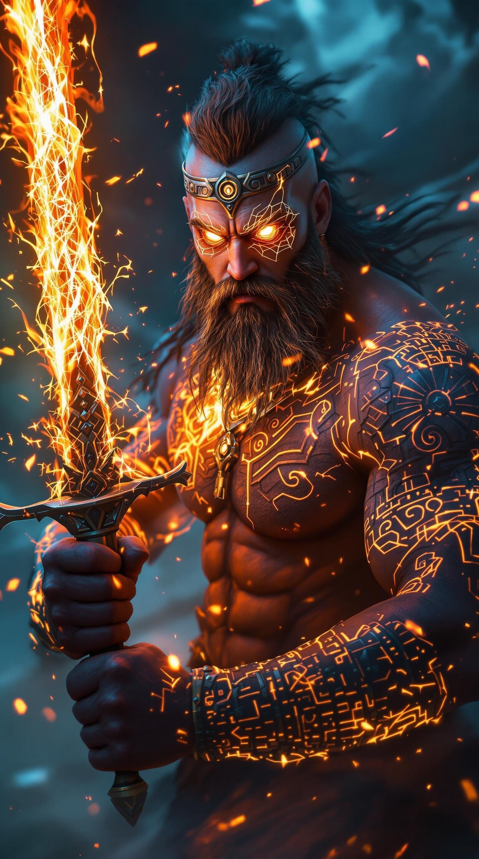 Vibrant Warrior with Electric Tattoos and Vortex Eyes in Glo...