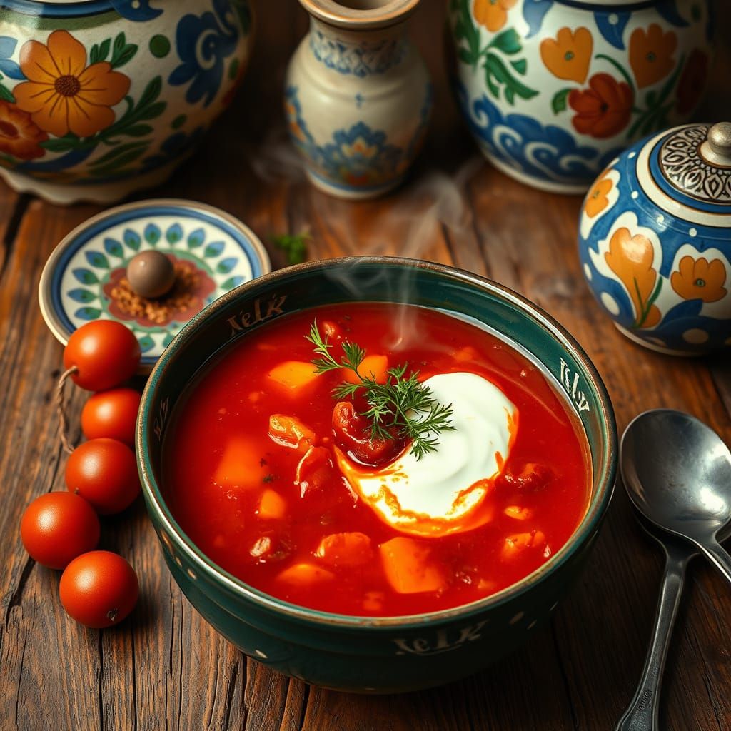 Steaming Borscht in a Rustic Ukrainian Setting