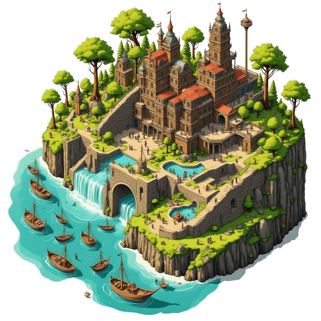 Watercolor Isometric Lumber Mill with Water Wheel