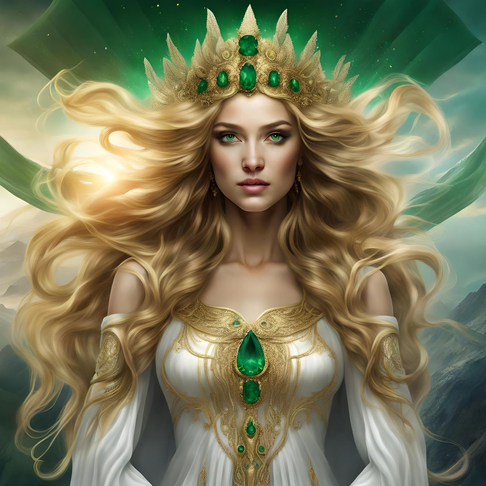 Stunning Goddess in Emerald and Gold, Detailed Fantasy Art