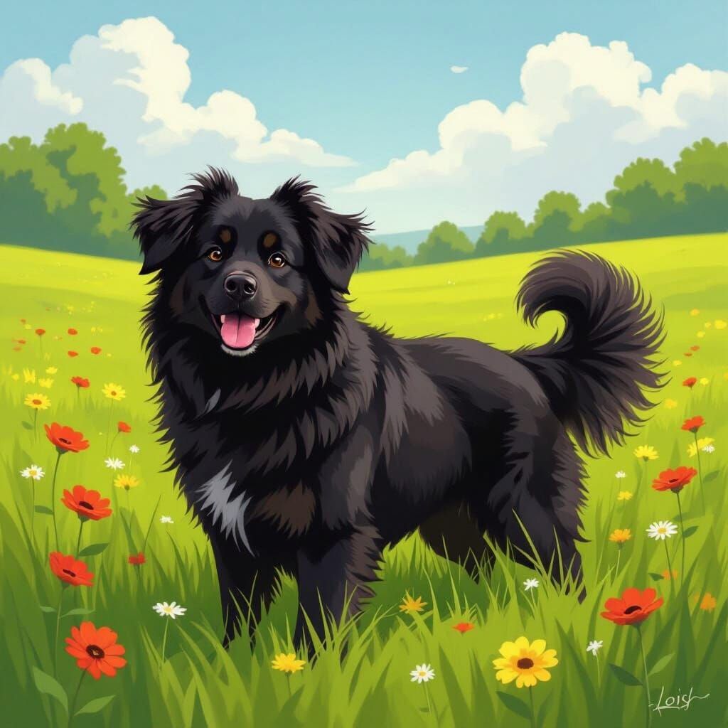 Fluffy Black Dog in Meadow, Pop Art Style