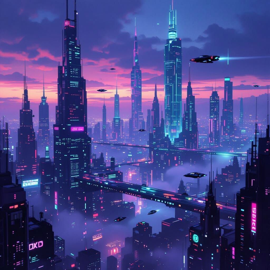 Futuristic Cityscape at Dusk in Neon Hues