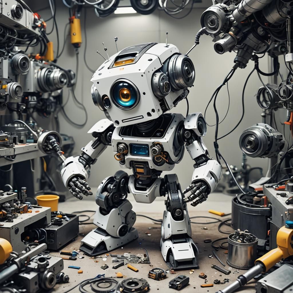 Cute Robot Being Rebuilt by Mechanics