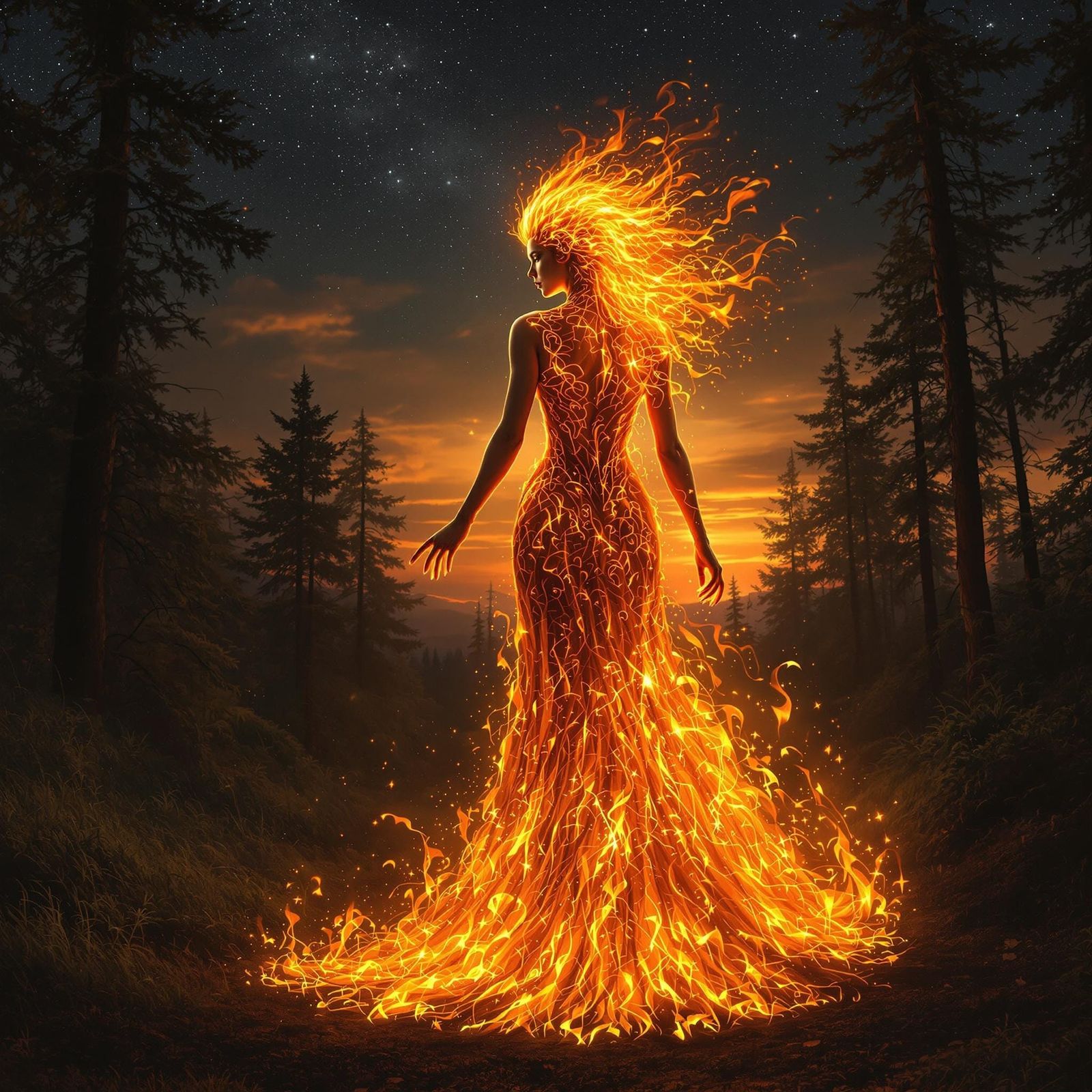 Woman in Fiery Dress in Primeval Forest