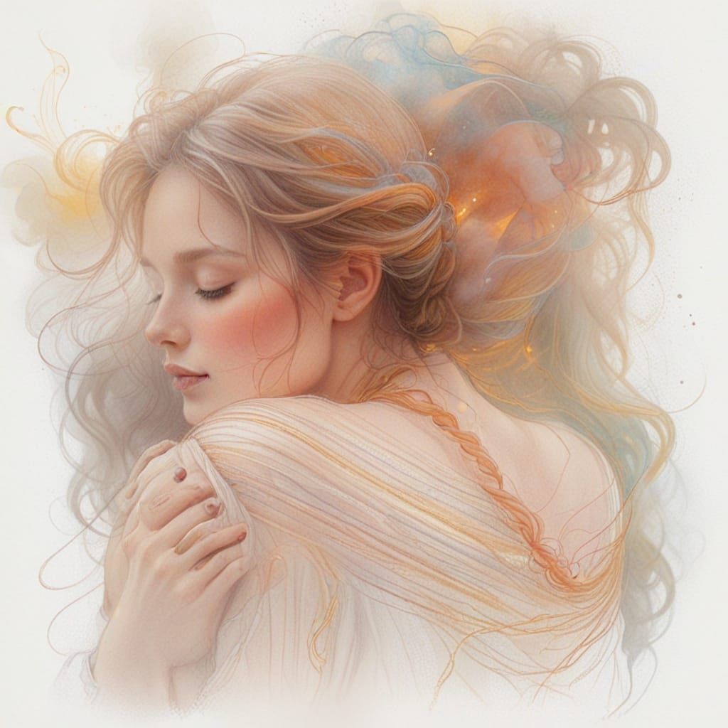 Woman Embracing Smoke Companion in Colored Pencil Sketch