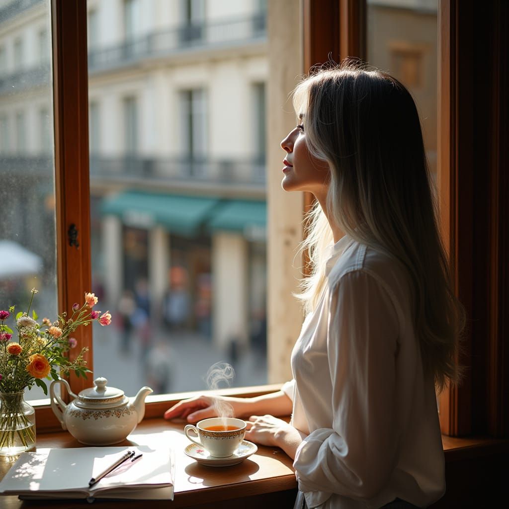 Elegant Woman Lost in Thought by Parisian Window