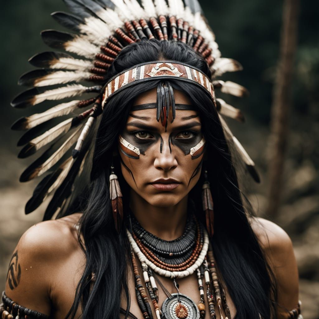 Native American Woman in Tribal Regalia, Strong and Determin...