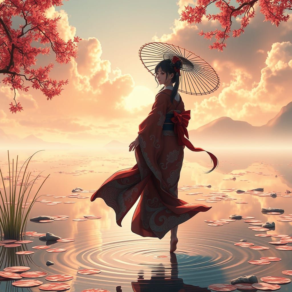 Japanese Goddess in Shallow Pond Landscape Art