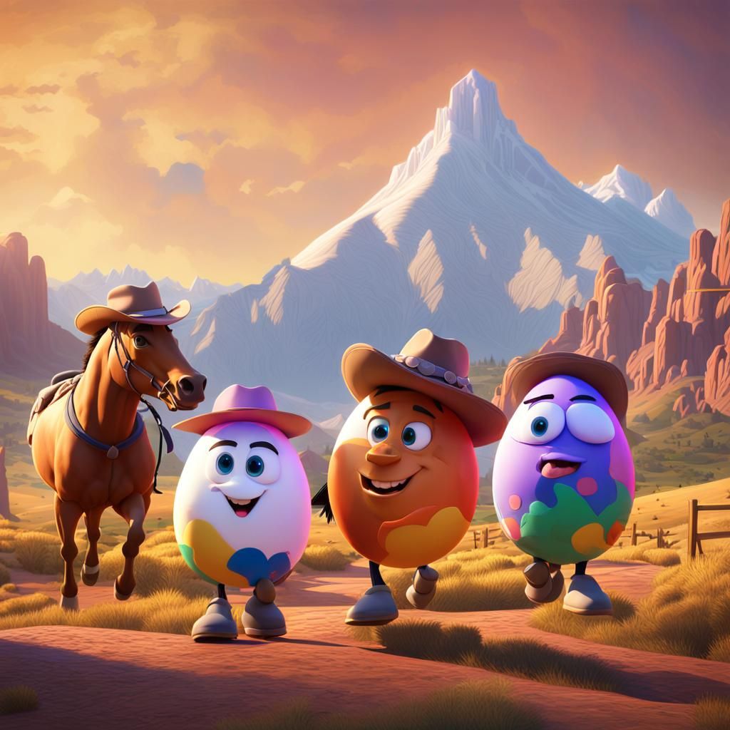 Eggs Ride Horses: A Pixar-Style 3D Rendering