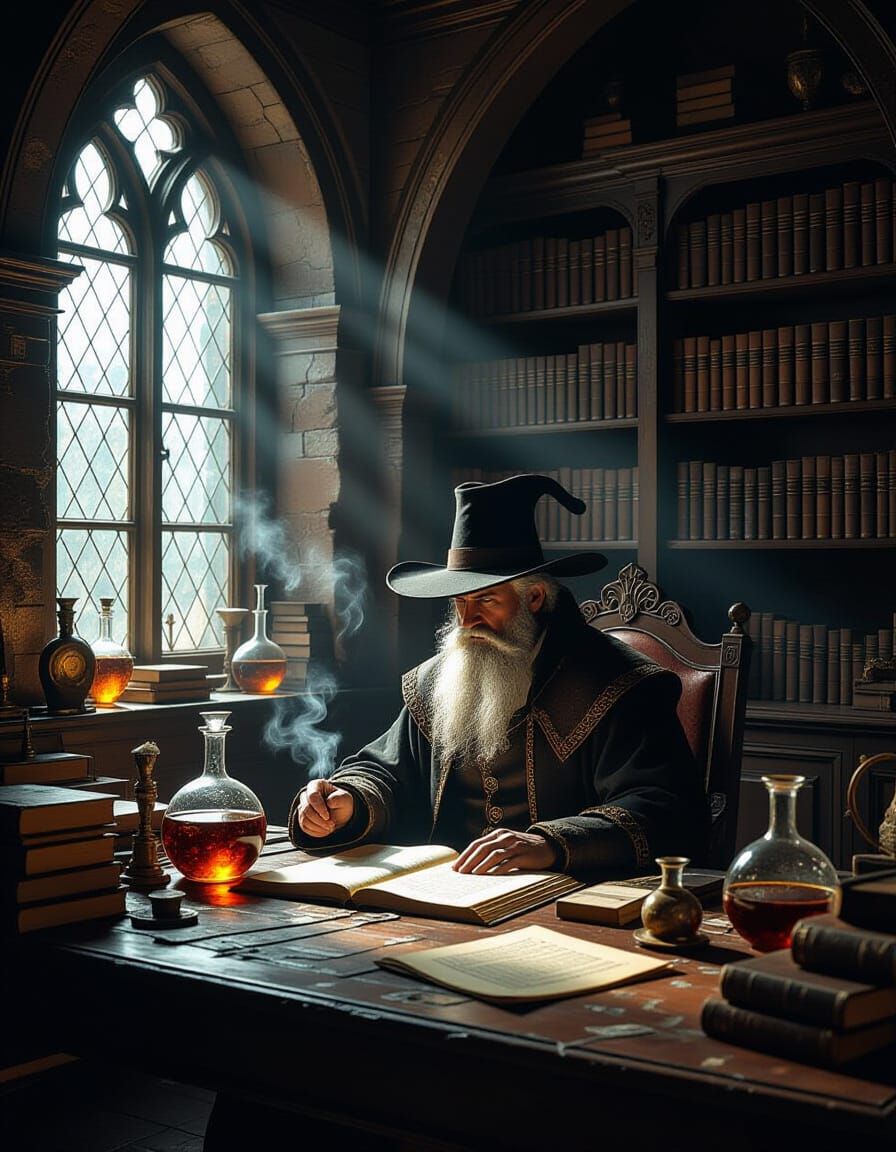 Alchemist's Desk in Ancient Study with Dramatic Lighting