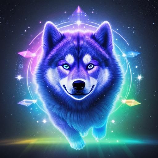 Cosmic Husky Dog with Light Aura: Holographic Illustration