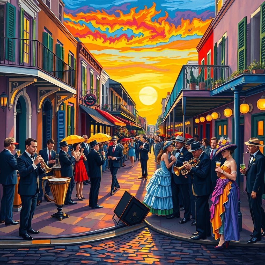 Neo-Impressionist Oil Painting of Vibrant Bourbon Street at ...
