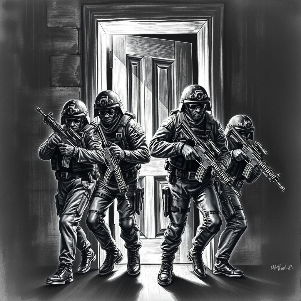S.W.A.T. Team Approaching Door in Charcoal Drawing
