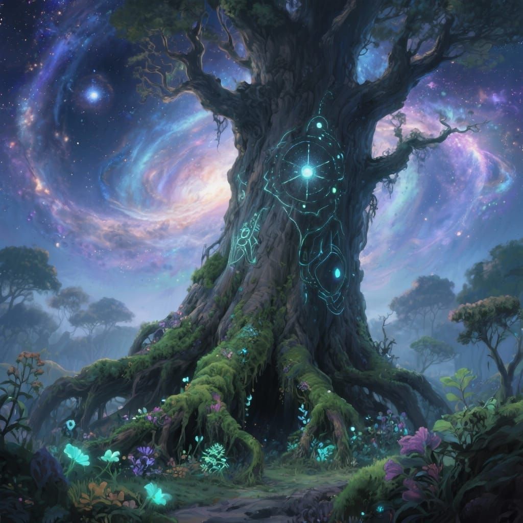 Ancient Tree Spirit Awakens Under Cosmic Nebula Sky