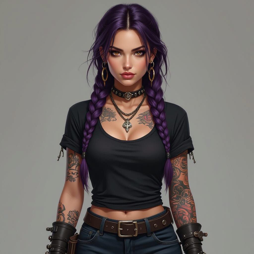 Realistic Female Pirate with Braided Purple Hair and Tattoos