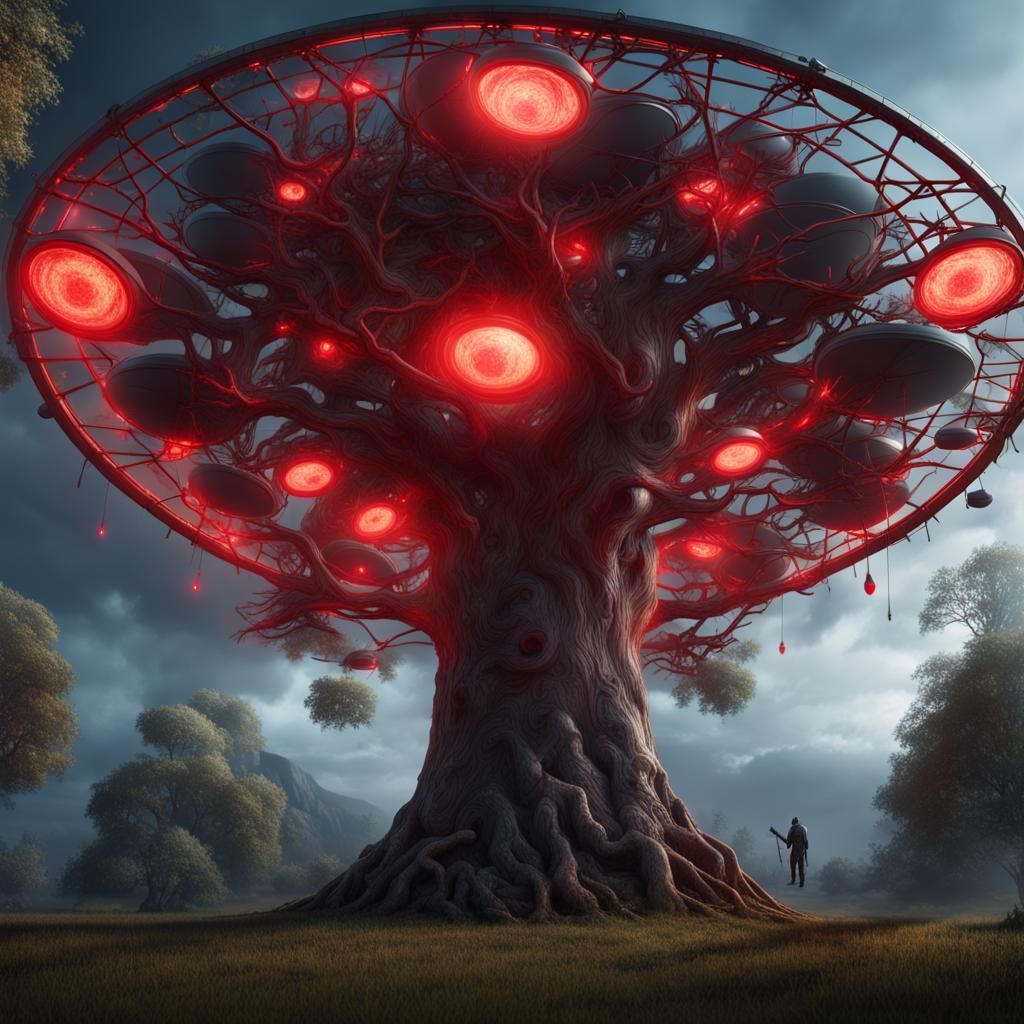 Surreal Tree with Glowing Eye and Satellites