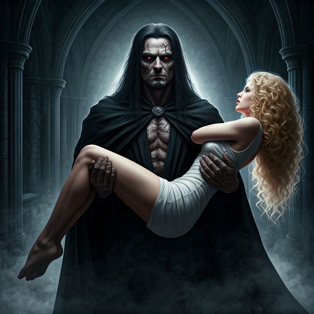 Dark Fantasy Man Carries Woman Through Castle Corridor