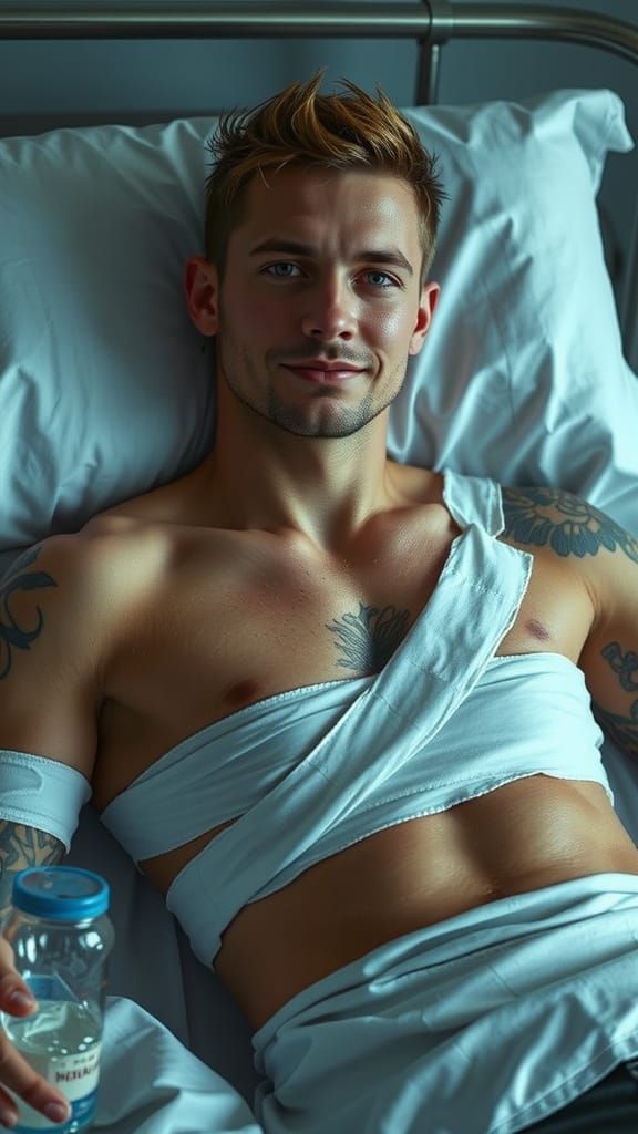 Muscular Man Recovering in Hospital Bed with Tattoos