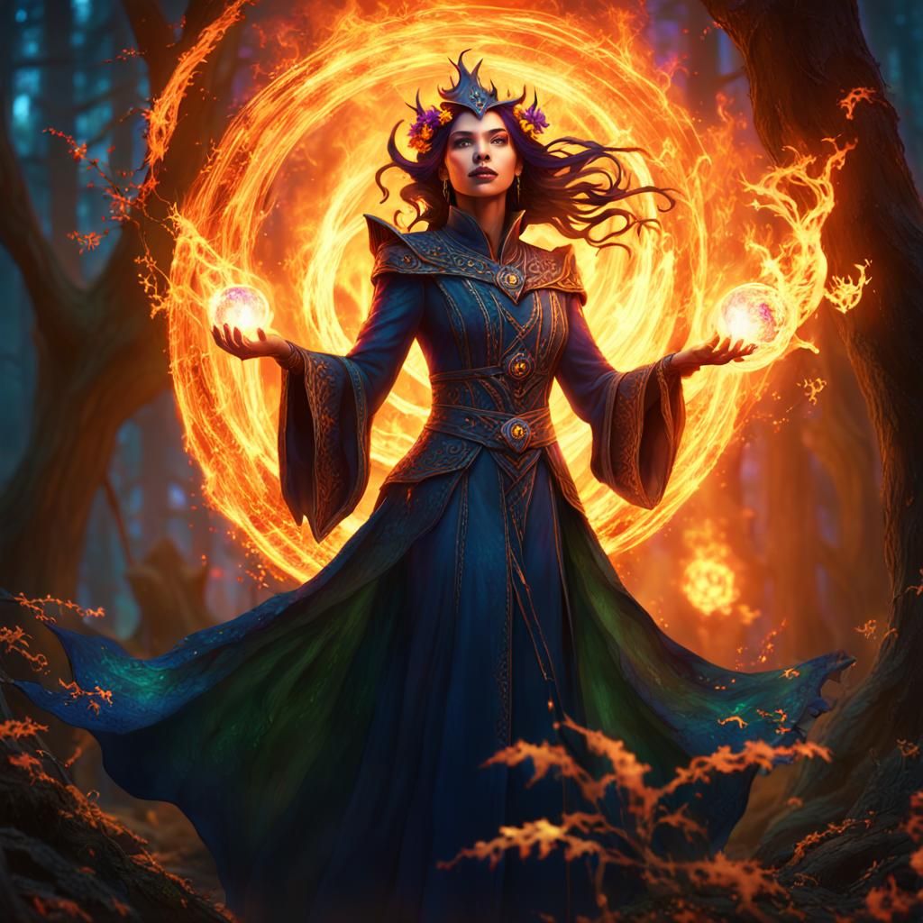 Fantasy Sorceress Summons Fireball in Ancient Forest