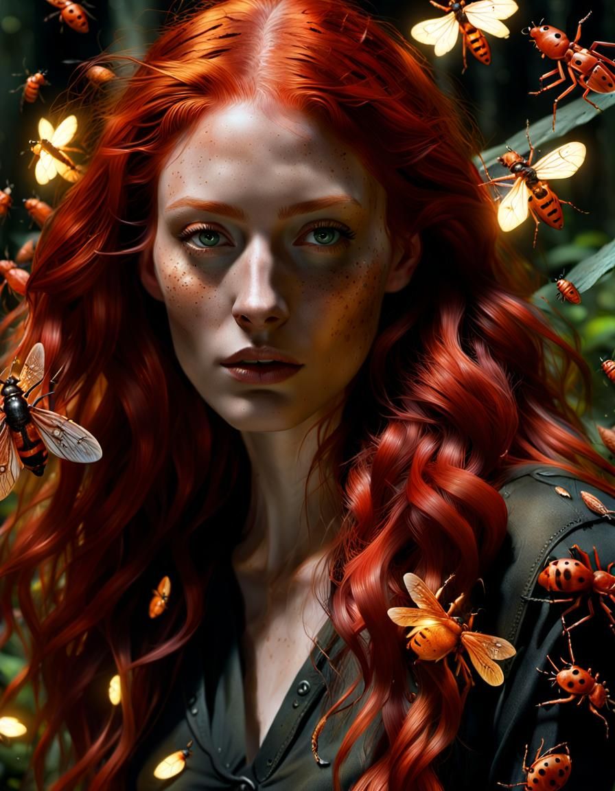 Mystical Forest Woman with Swarming Bugs in Digital Art
