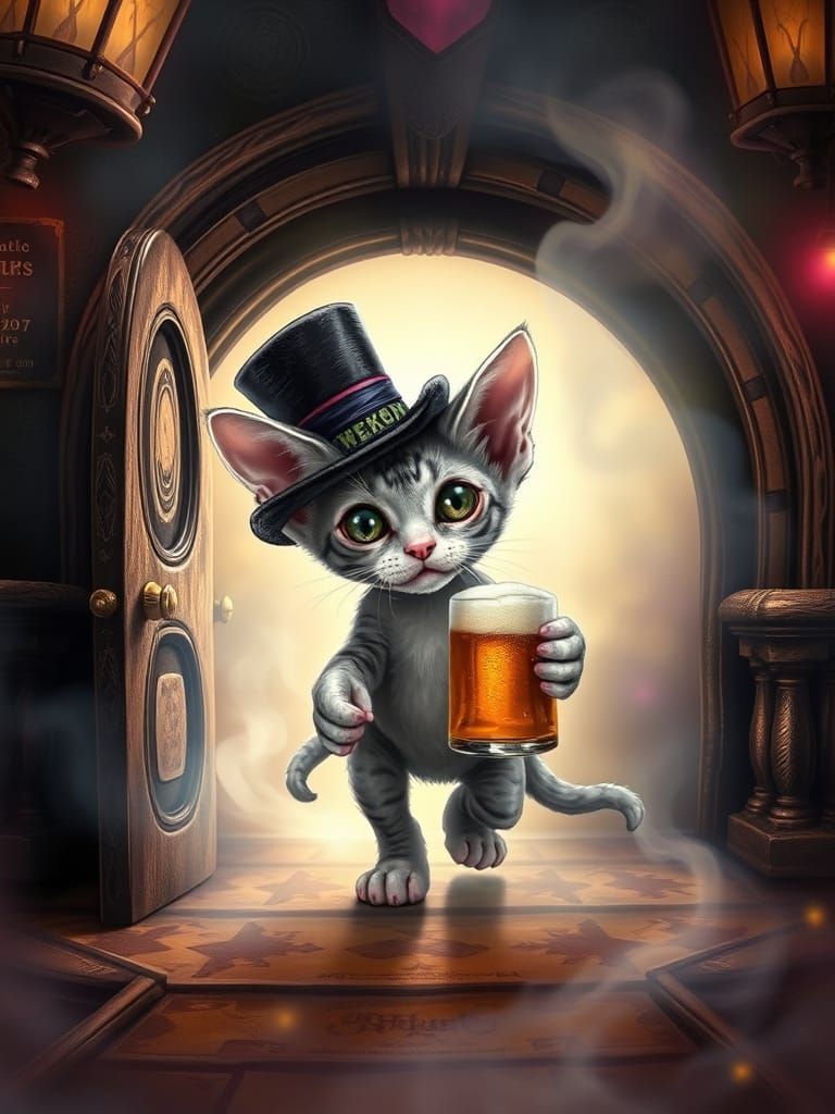 Whimsical Kitten Emerges from Mystical Pub Entrance