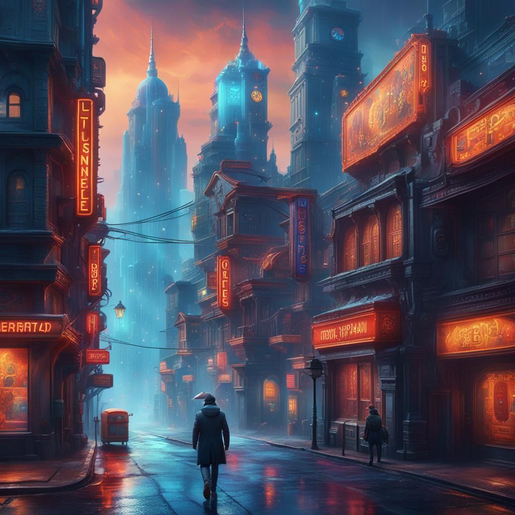Vibrant Animated Cityscape with Lone Figure