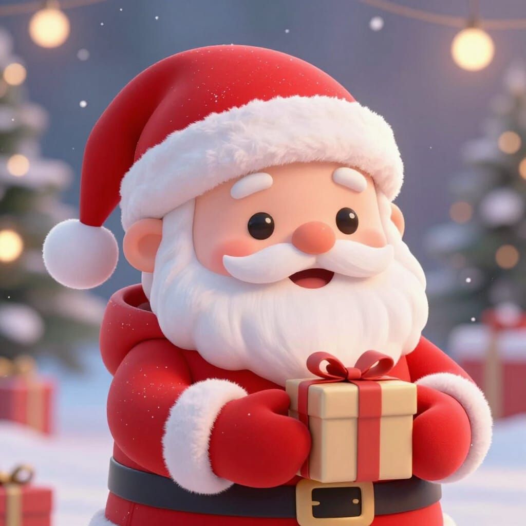 Adorable Santa Claus Holding Gift in Gentle Snowfall