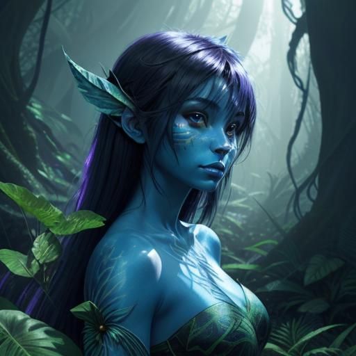 Blue-Skinned Navi Girl in Jungle, Fantasy Art