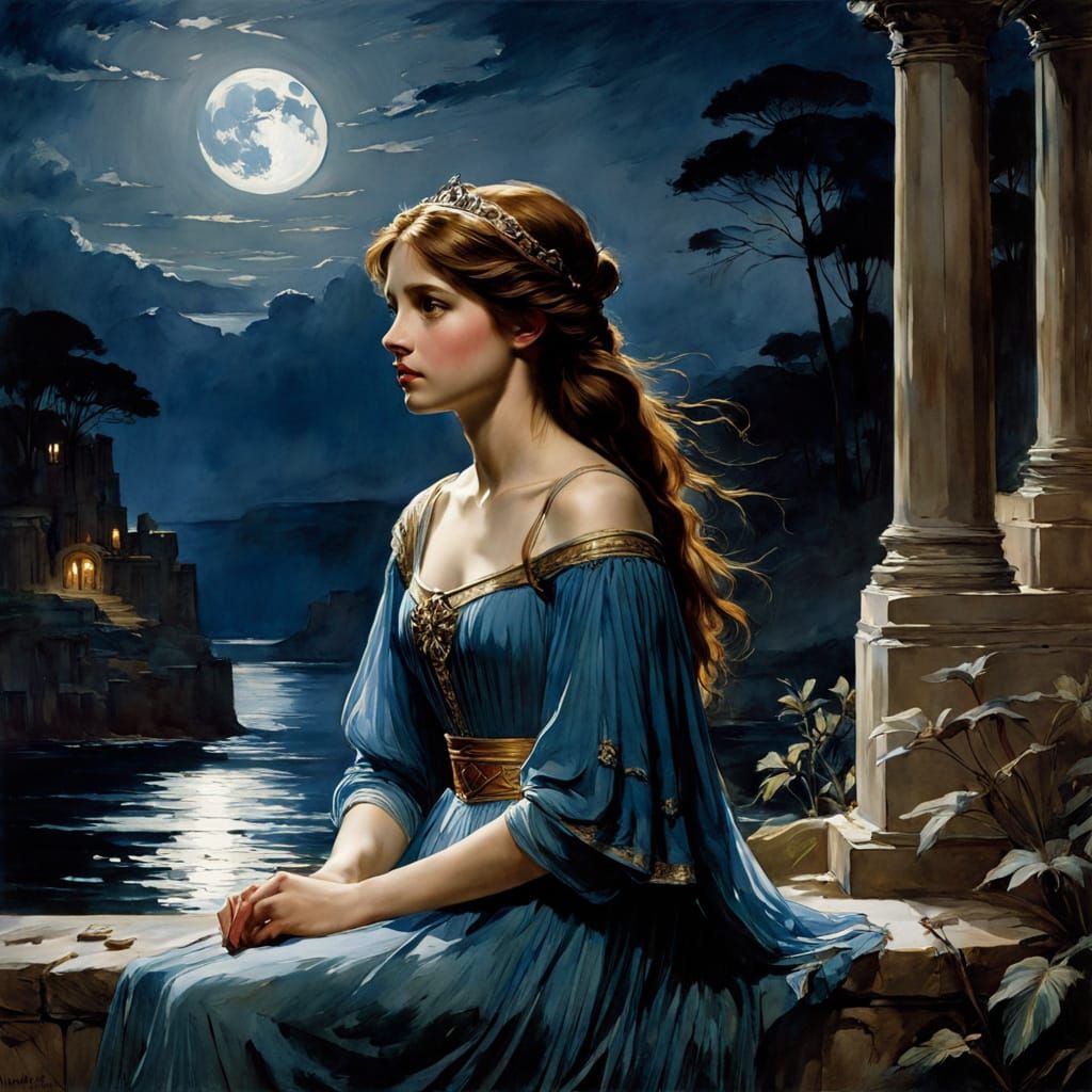 Captive Princess by Moonlight in Watercolor Style