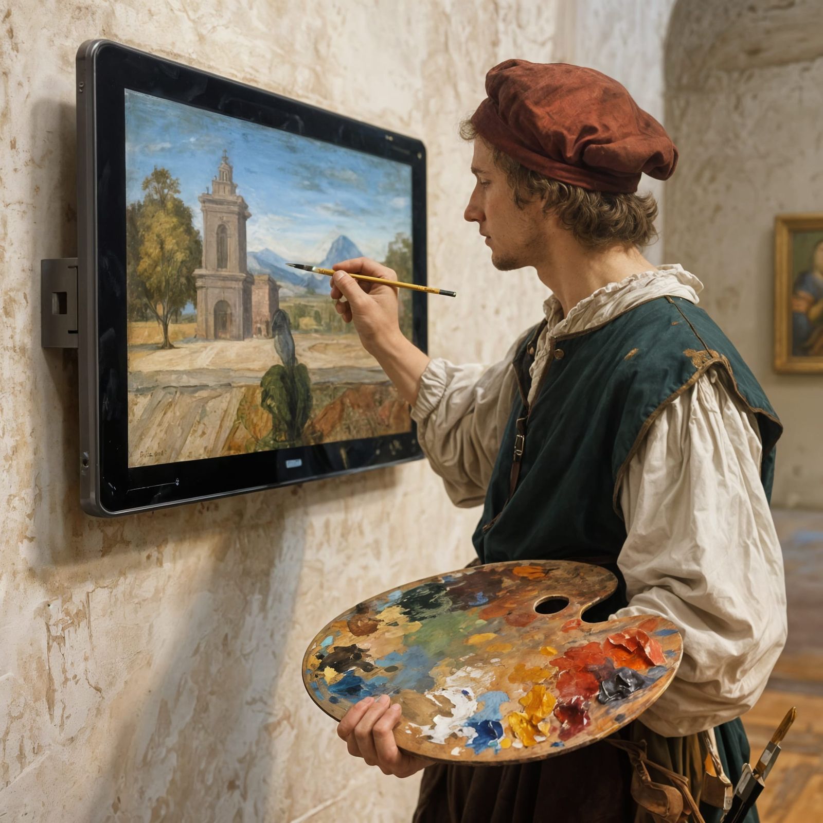 Renaissance Painter Uses Oil Paints on Electronic Screen