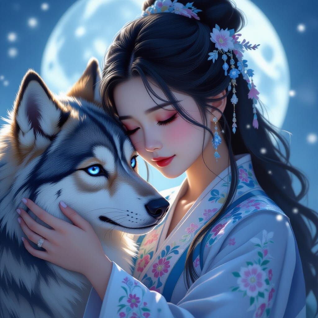 Girl and Hellhound in Moonlight, Art Nouveau Style