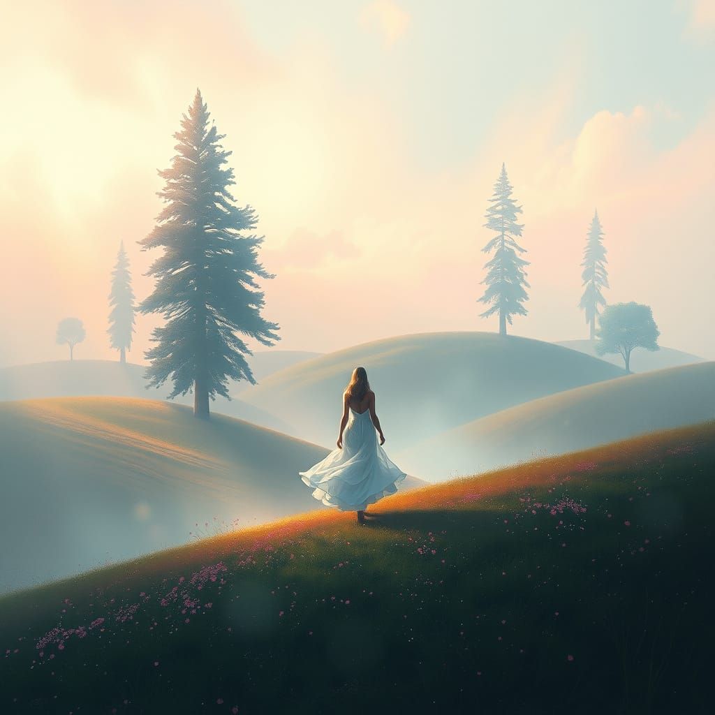 Ethereal Woman in Sparkling Mist: A Dreamy Landscape